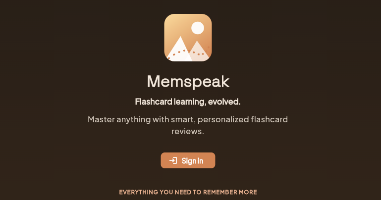 Memspeak's splash screen — app icon and the tagline "Flashcard learning, evolved."
