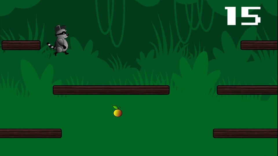 Runny gameplay — a raccoon running and jumping between platforms to grab oranges
