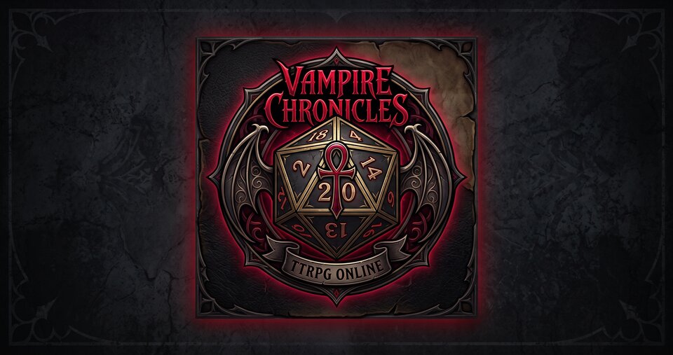 VampChrono splash graphic — a Vampire Chronicles branded d20 die with an ankh symbol and a "TTRPG Online" banner